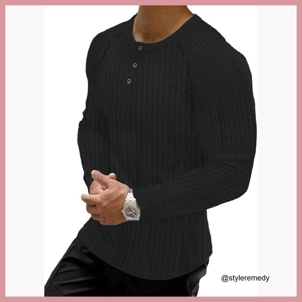 Ribbed Henley Shirt Slim Fit Cotton Spandex Long Sleeve T-Shirt